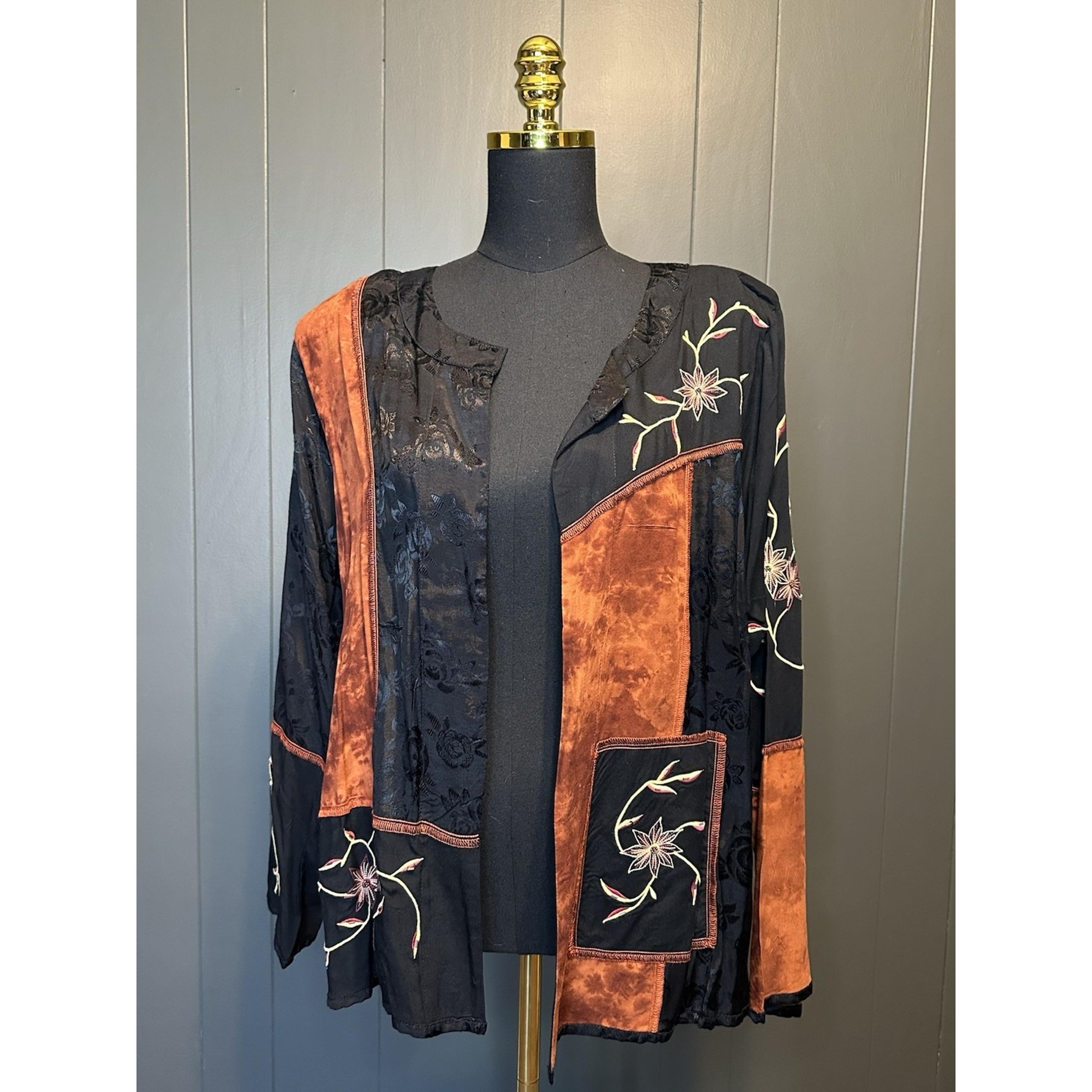 Draper's & Damon's Women's Open Blazer Patchwork Flowers Black Chevrons XL