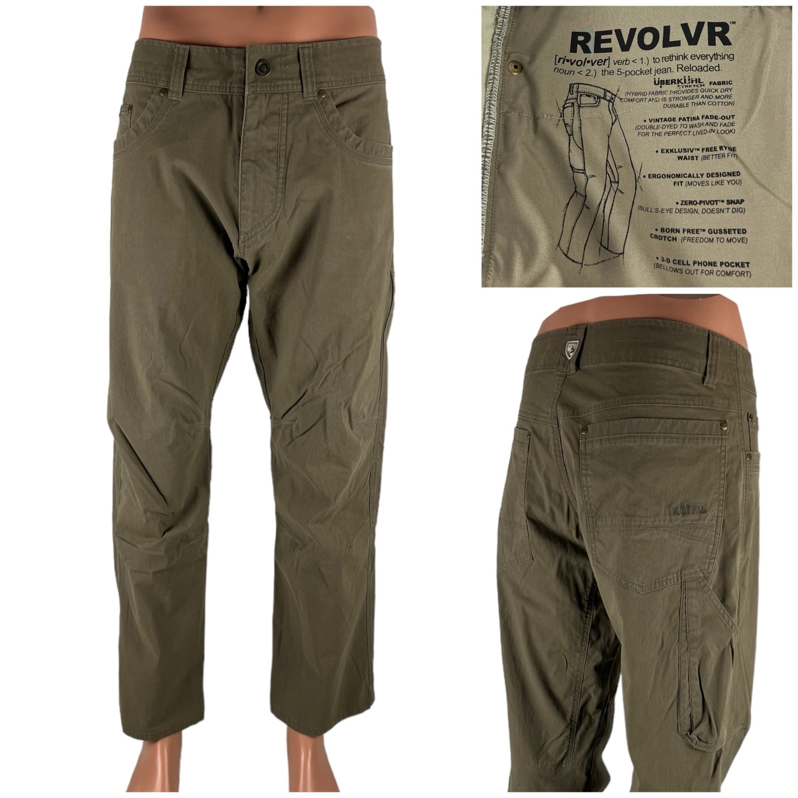 Kuhl Revolvr Mens 34 X 29 (actual) Pants Vintage Patina Dye Green Hiking 34x30