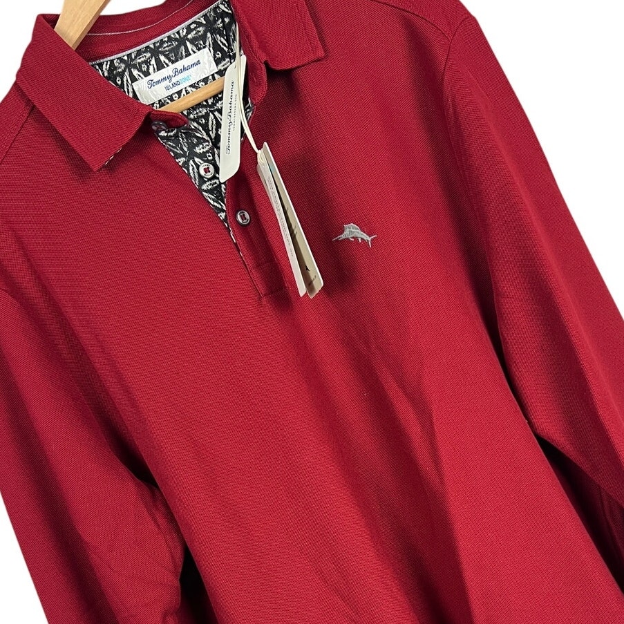 NWT TOMMY BAHAMA Men's M Red Island Zone Barrier Batik Five O'Clock Polo Shirt