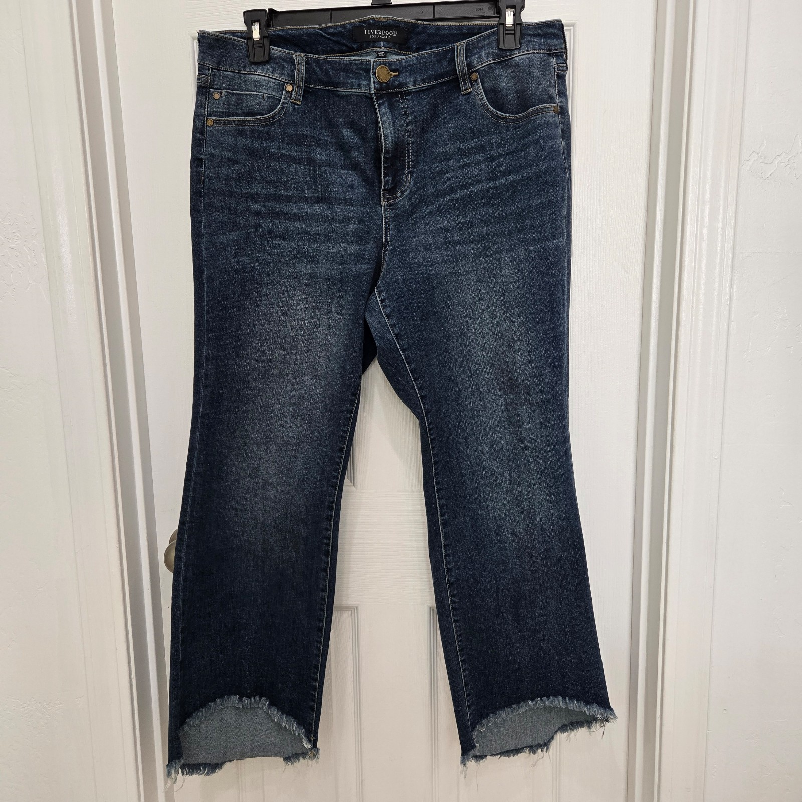 Liverpool Flare Jeans Womens 8 29 Blue Denim Cropped Raw Hem Retro Hippie