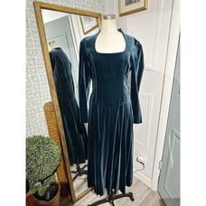 LAURA ASHLEY Vintage Blue Green Velvet Medieval Style Evening Maxi Dress