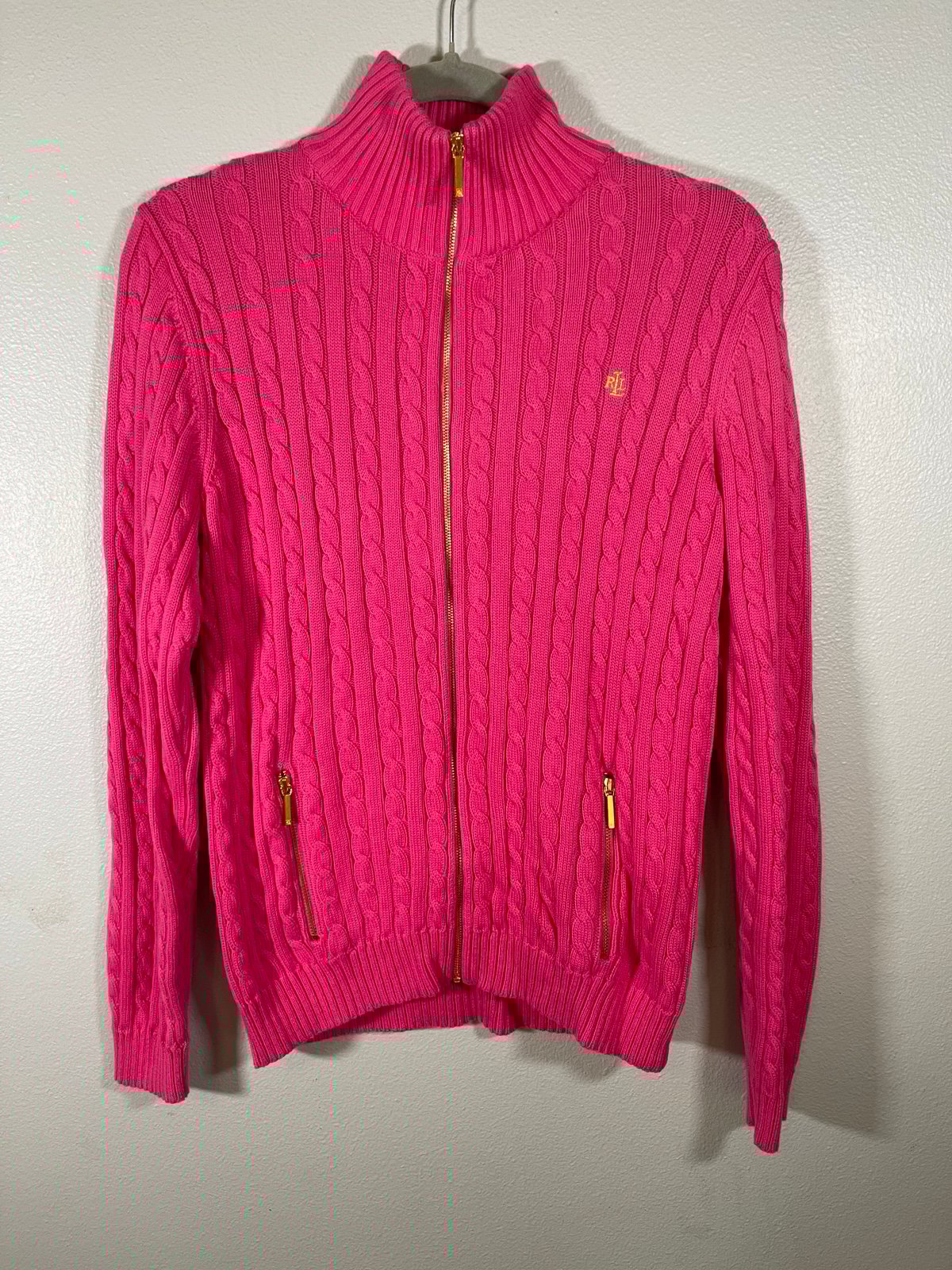 Lauren Ralph Lauren Hot Pink Full Zip Cable Knit Sweater Size L Pockets Logo