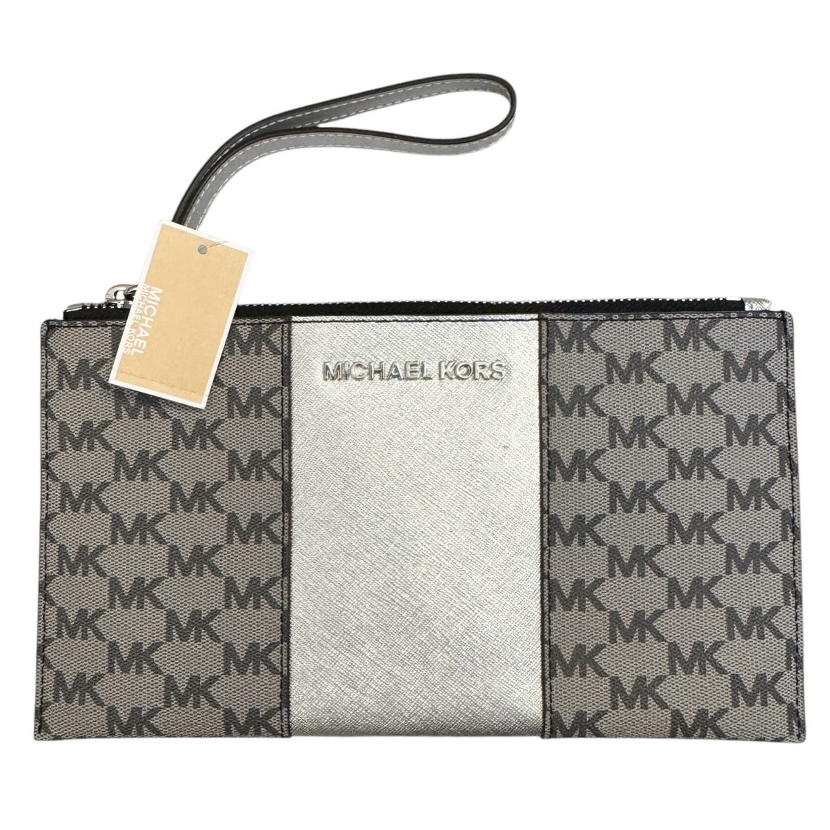 Michael Kors Center Stripe Signature Zip CLUTCH Wristlet Wallet Gray Silver NEW