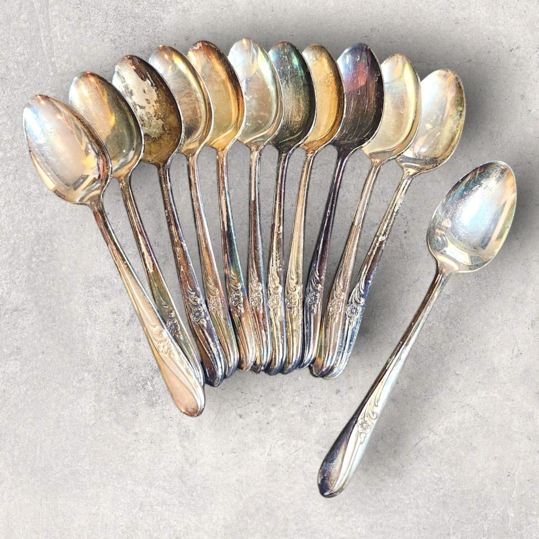 H&T MFG CO Vintage 1940 Meadow Flower Silver Plated Teaspoon Set Of 12 Antique