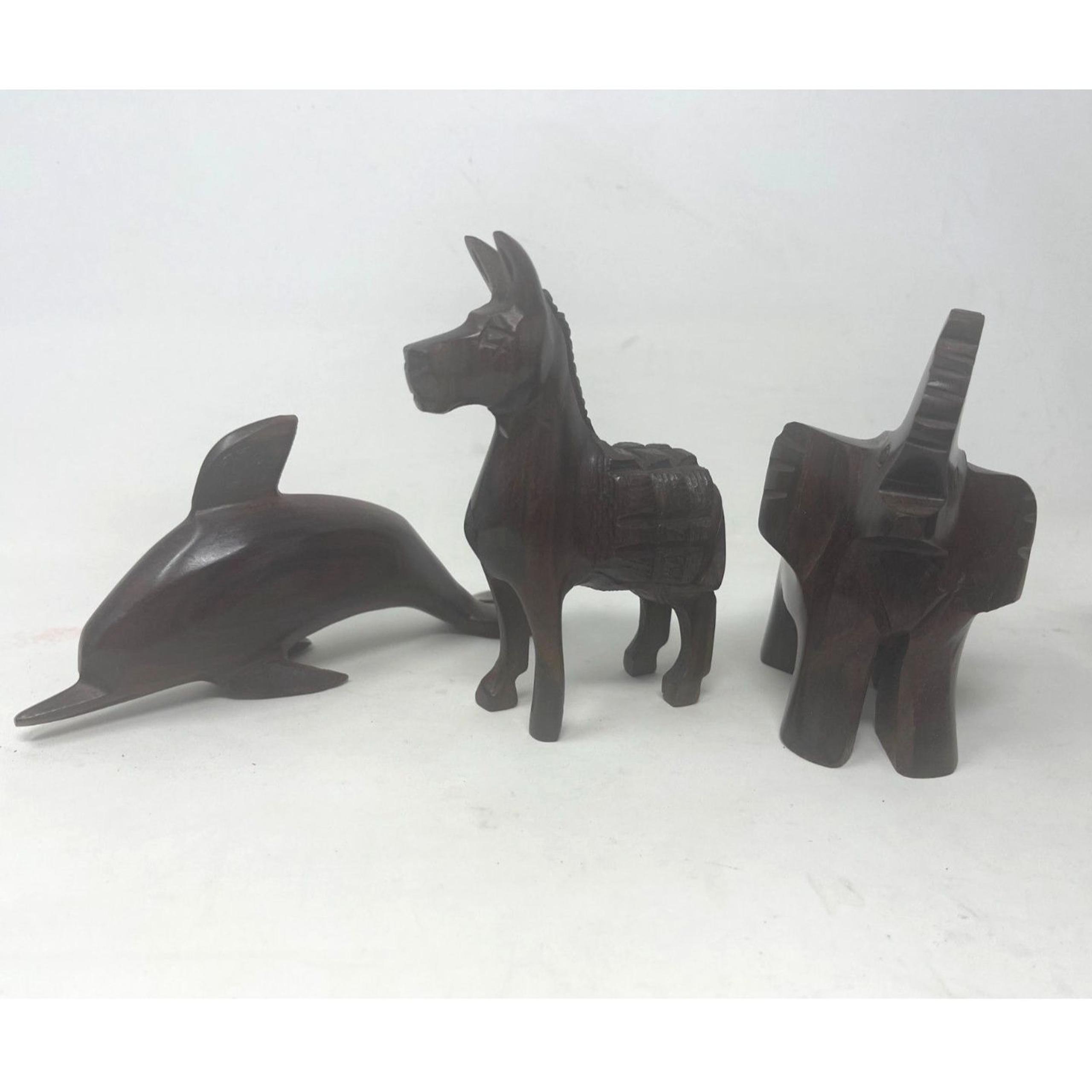 Lot 3 Vintage Wood Hand Carved Animals Dolphin, Elephant & Donkey 4" Folk Art
