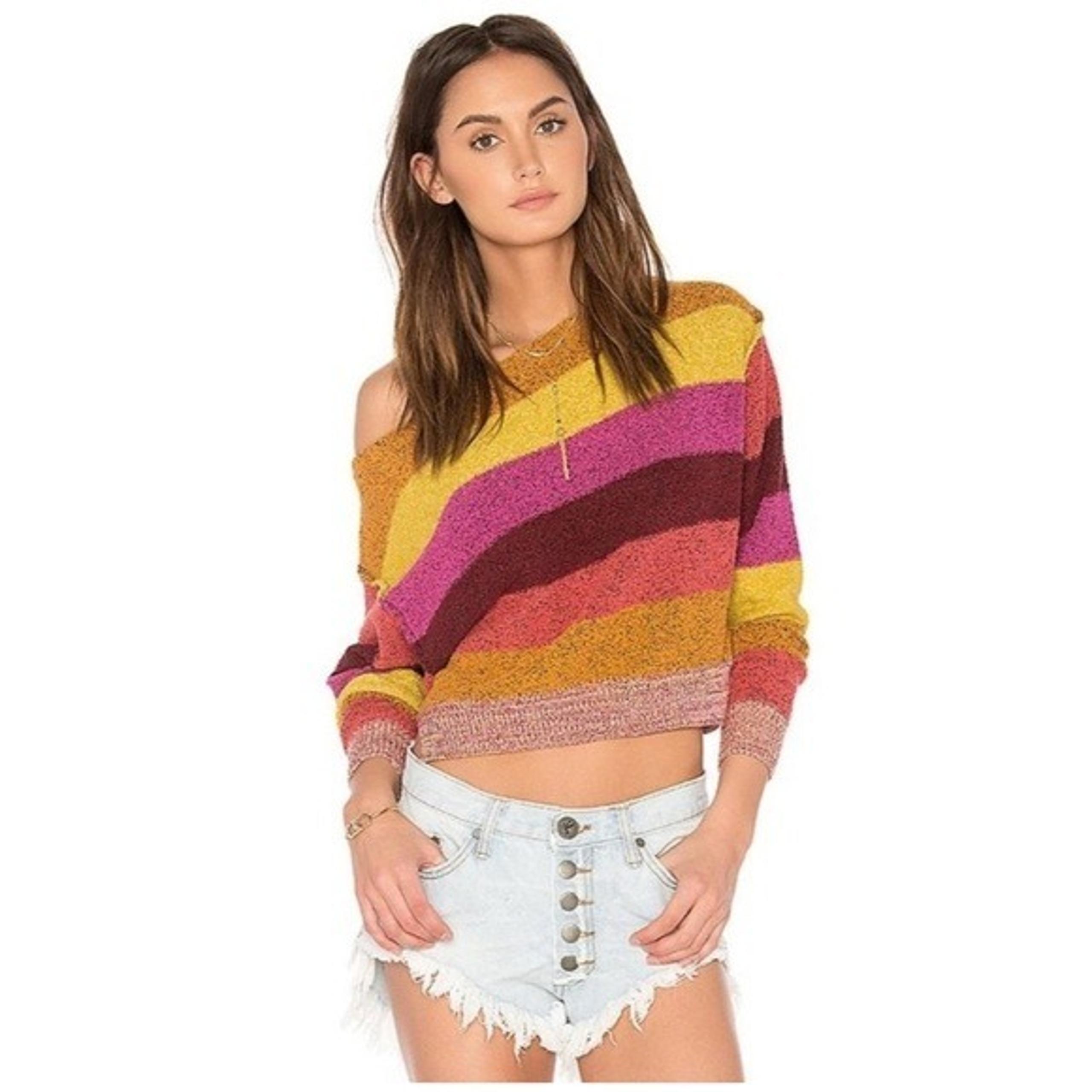 Free People Candyland Striped Boucle Knit Boxy Pullover Sweater Purple Medium