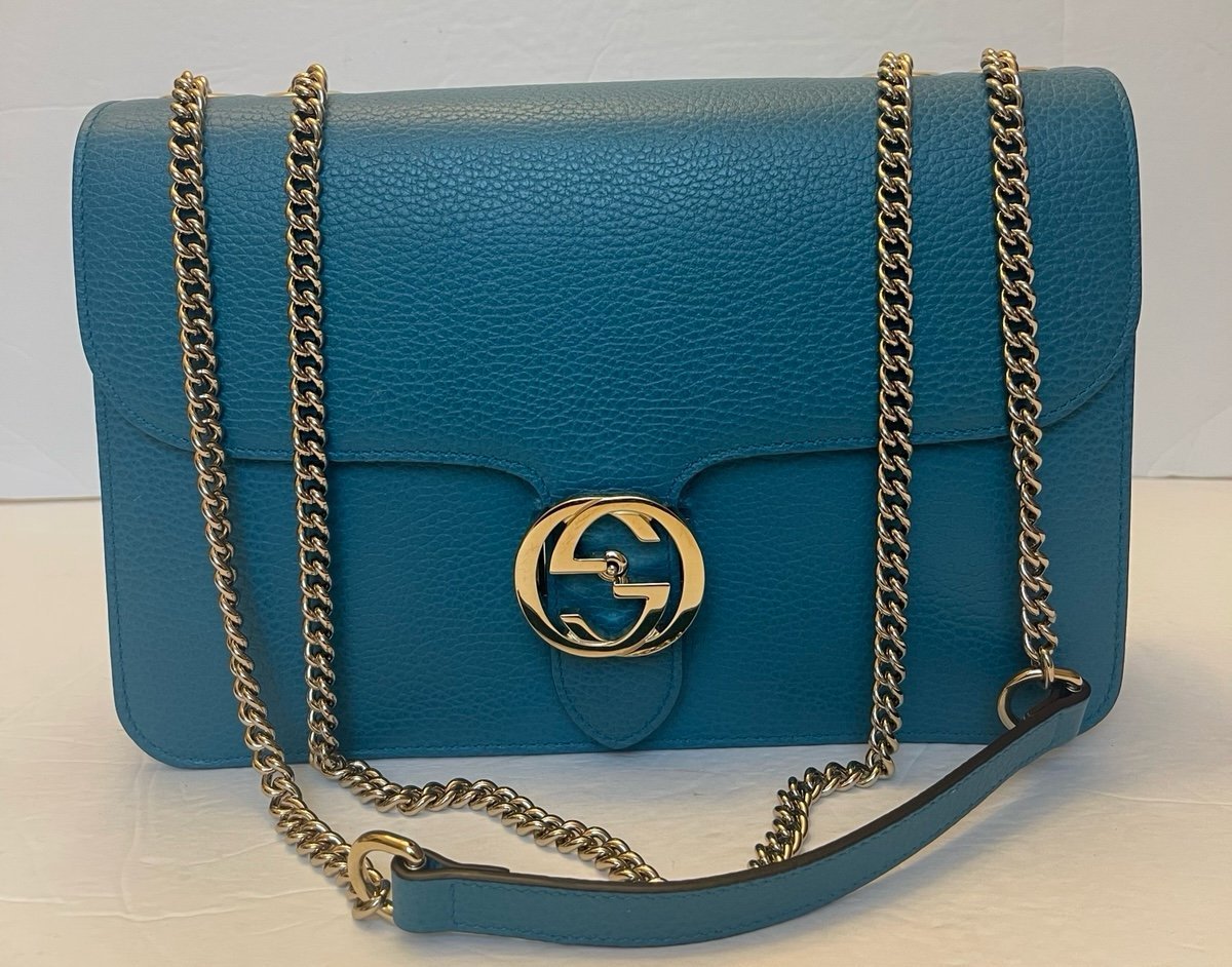 GUCCI Interlocking Chain Sling Medium Blue Crossbody/ Shoulder Bag