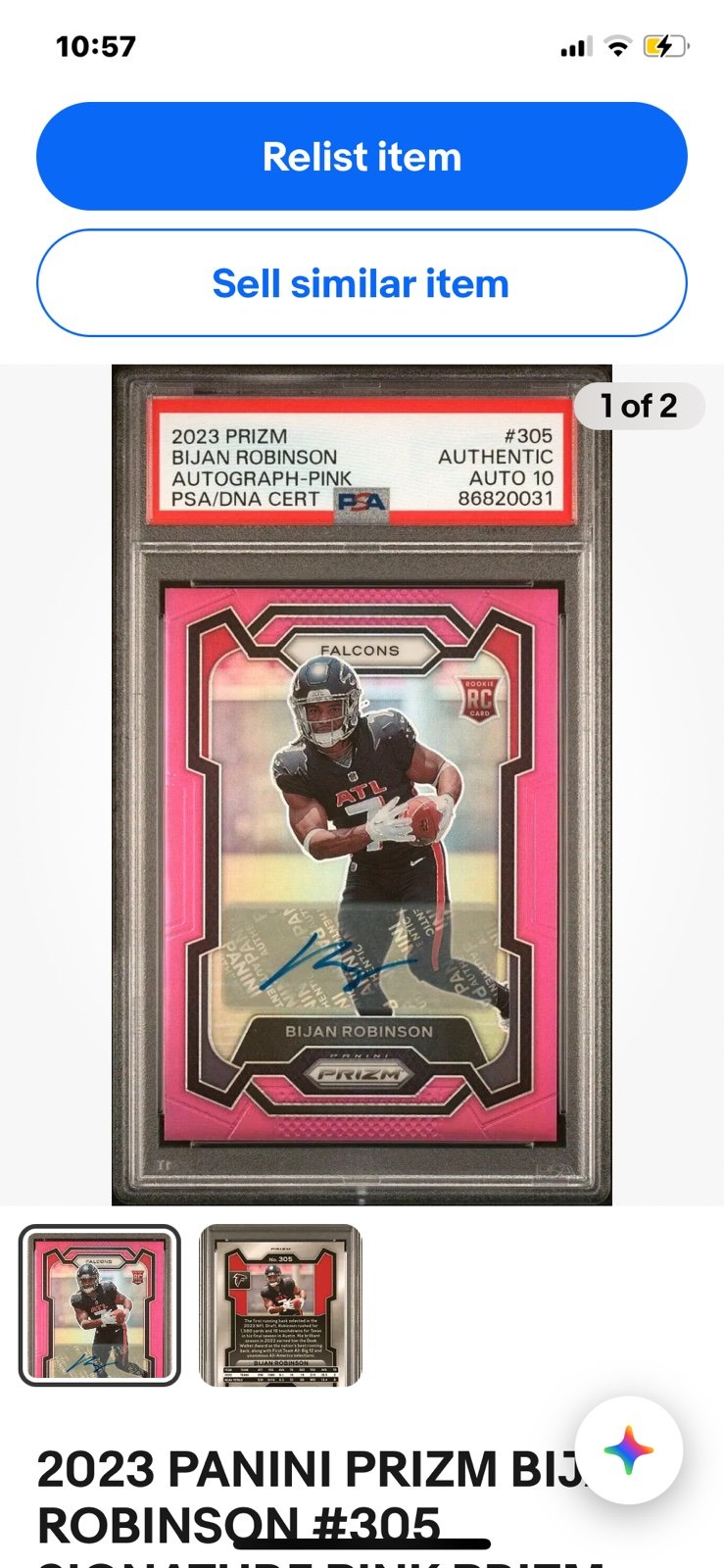 2023 PANINI PRIZM BIJAN ROBINSON #305 SIGNATURE PINK PRIZM AUTOGRAPH PSA AUTO 10