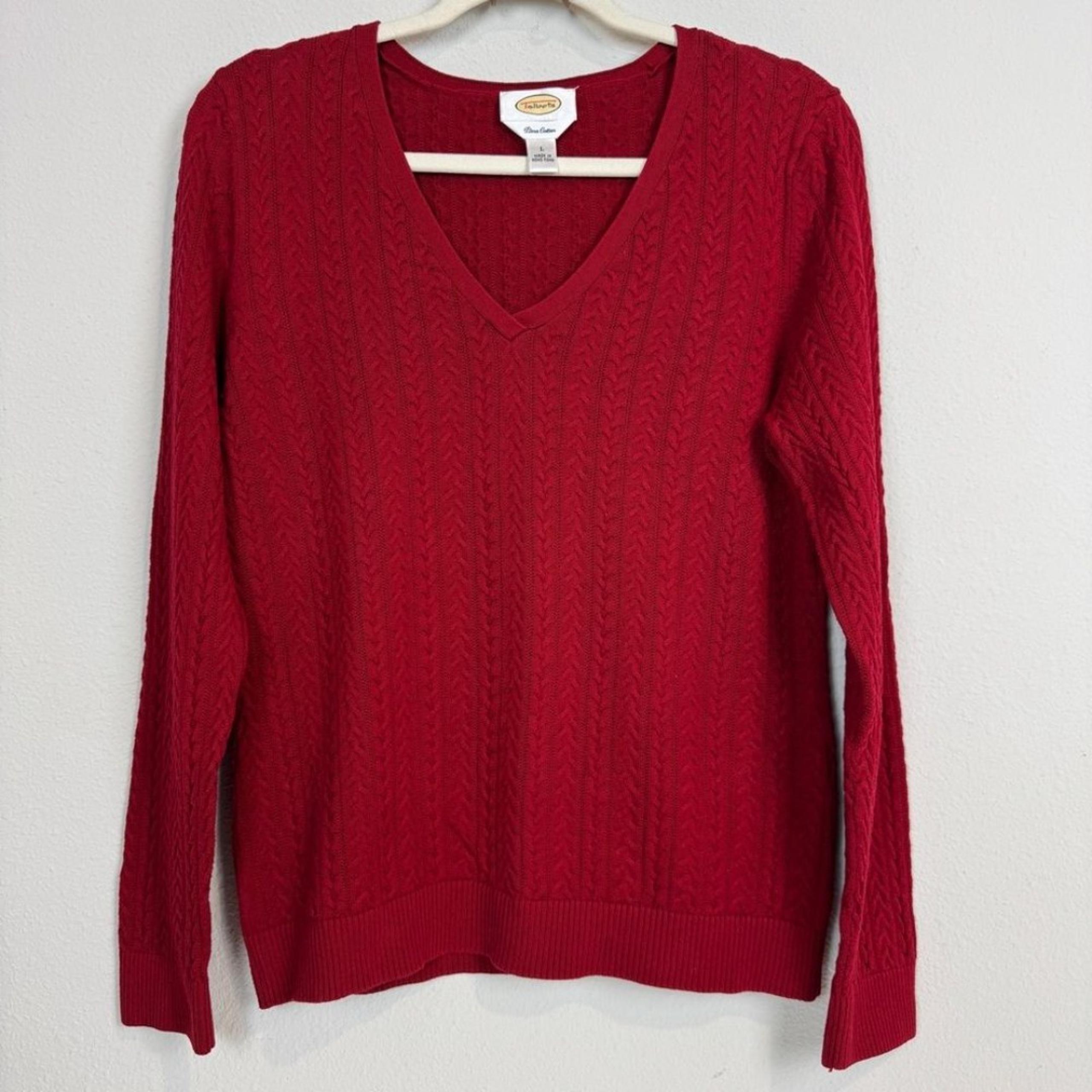 Talbots Red Pima Cotton Cable Knit V-neck Sweater L