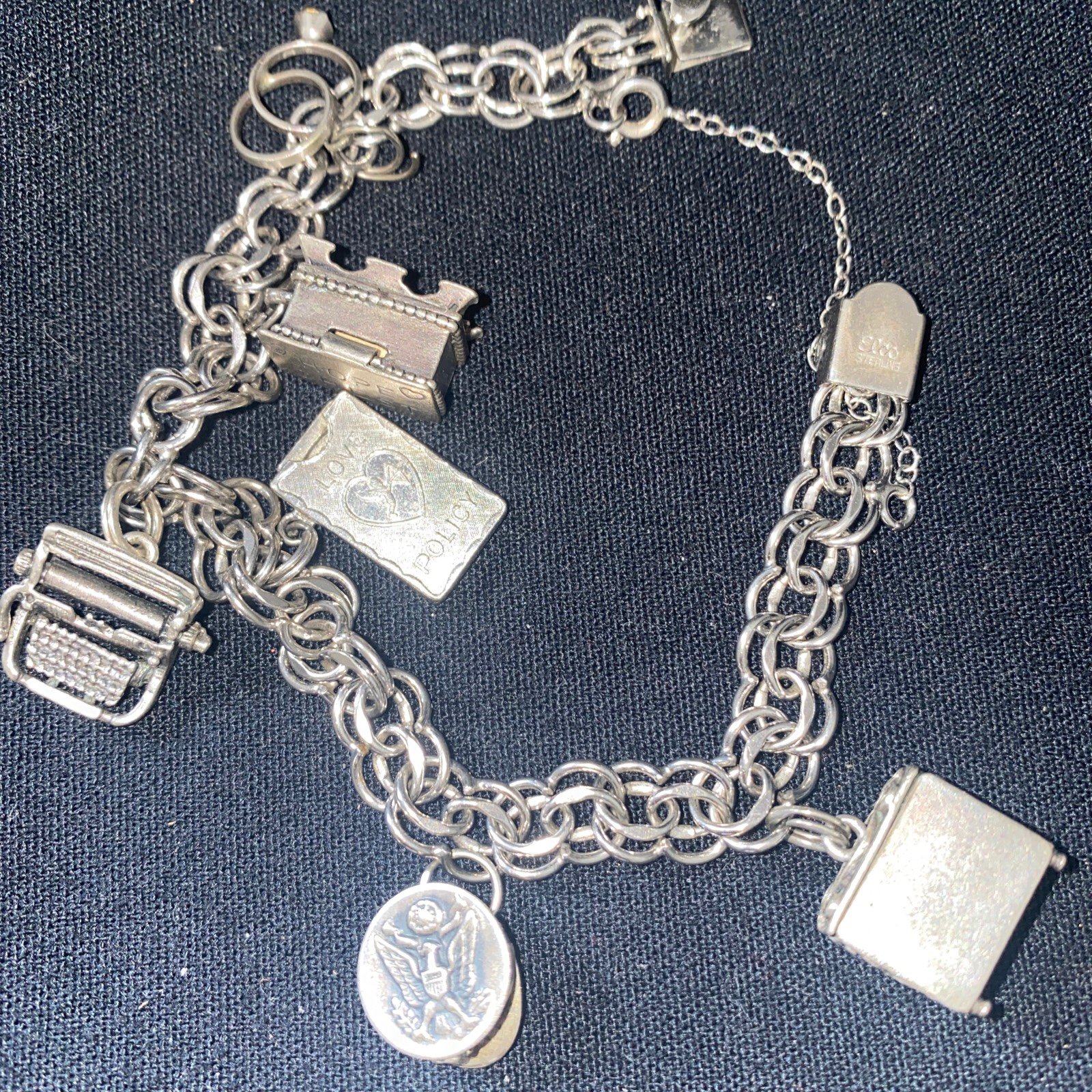 Elco Sterling Silver 6 Charms bracelet vintage safety chain Piano BEAU STERLING