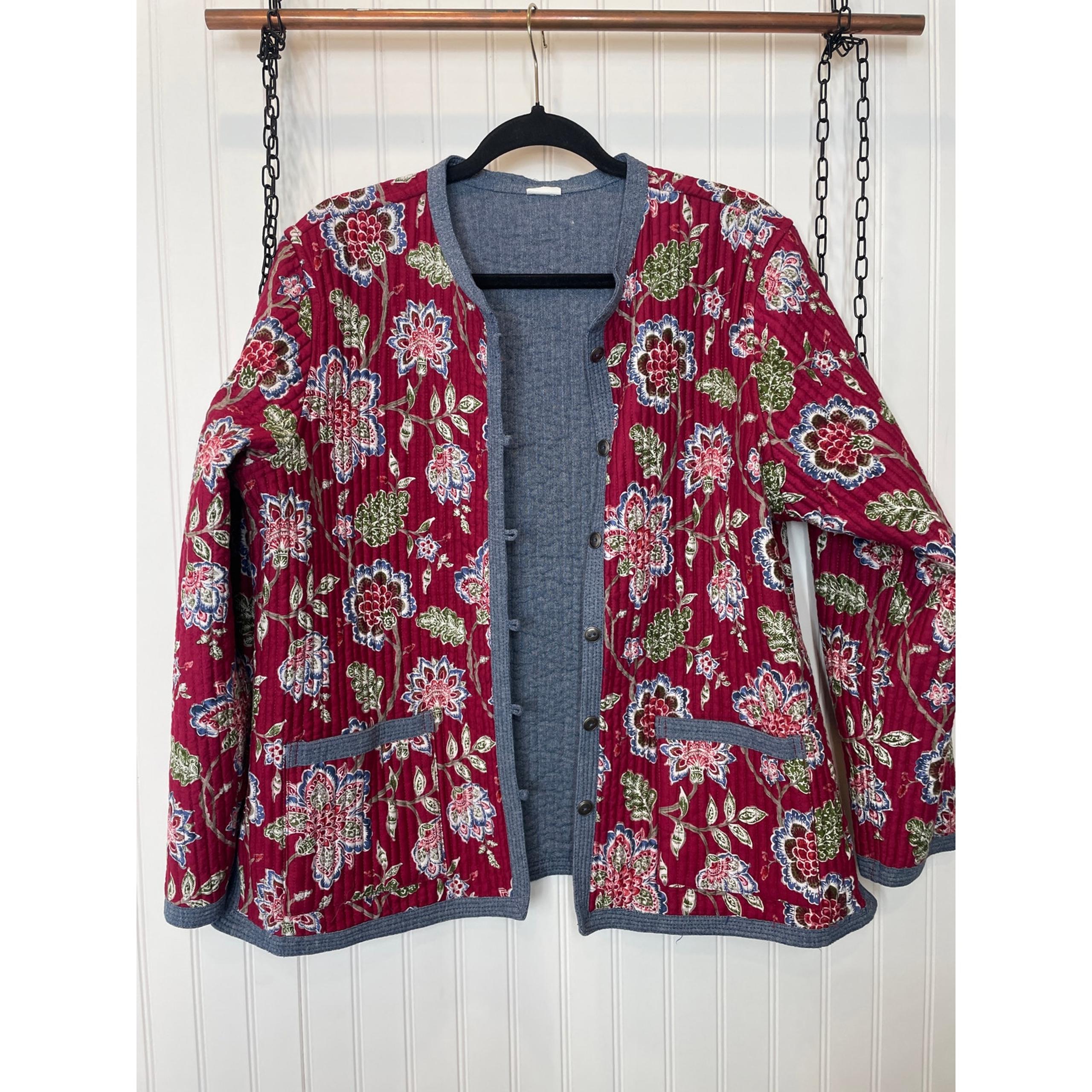 Appleseed’s Red & Blue Floral Button Quilted Jacket Womens Size Petite XL
