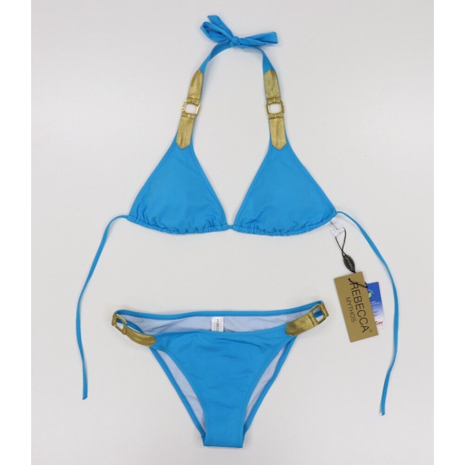 Rebbeca Mythos NWT NEW Blue and Gold Designer Bikini Size L