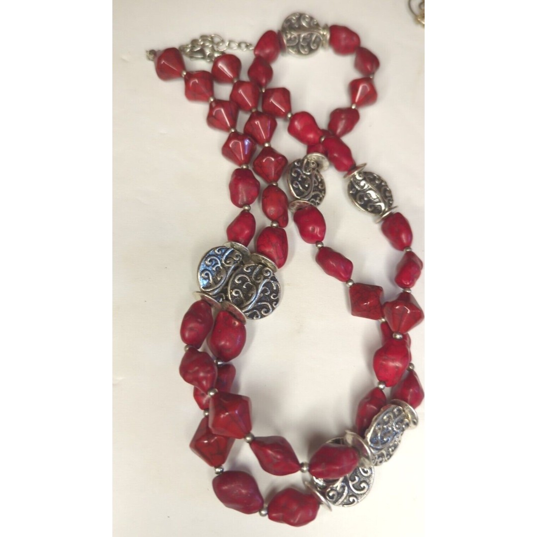 VTG Premier Designs Necklace Red Howlite Silver Beads Southwest Western Stone38
