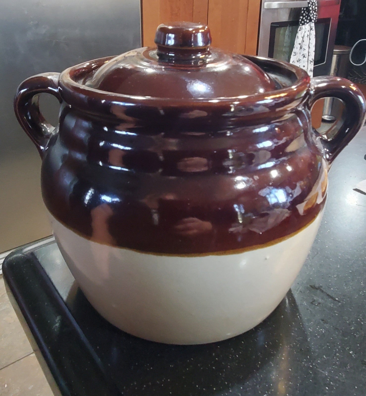 Monmouth Pottery Bean Pot Crock Two Toned Glaze w/ Lid Maple Leaf Imprint Mark