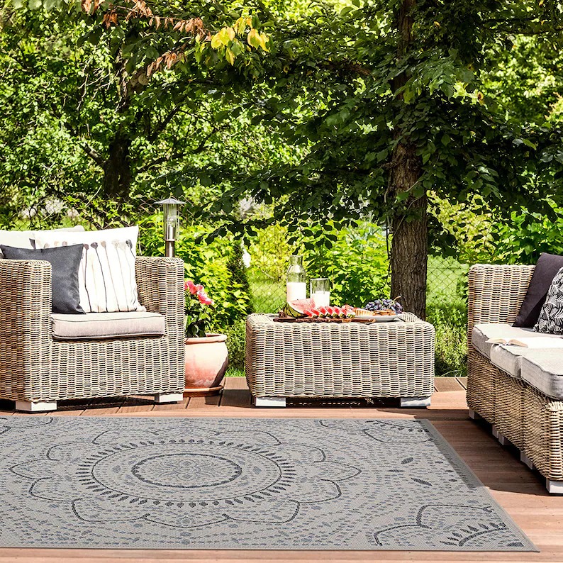 Oriental Medallion Bohemian Indoor Outdoor Cream Area Rug - Rugs for Outside