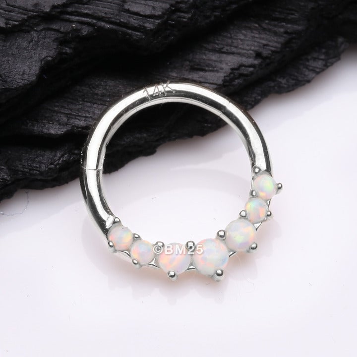 14K White Gold Cascading Fire Opal Prong Set Lined Seamless Clicker Hoop Ring
