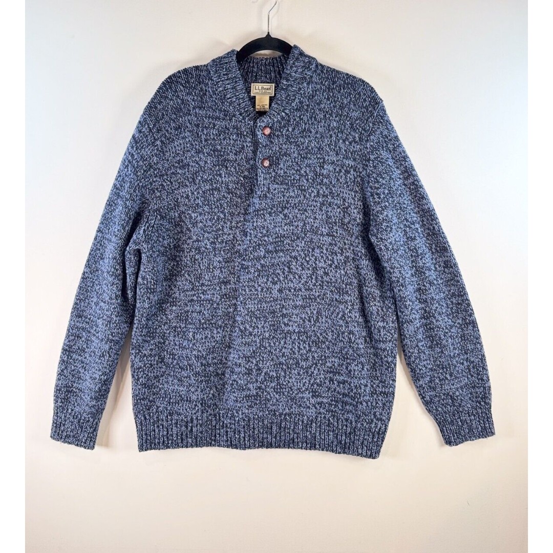 LL Bean Men Sweater Blue Heather Classic Ragg Lambs Wool Henley Pullover Size XL