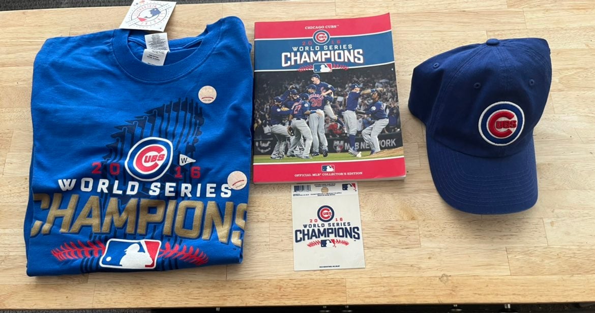 Chicago Cubs Gift Set Long Sleeve T-Shirt, Cap, 2016 Championship Book, & Decal