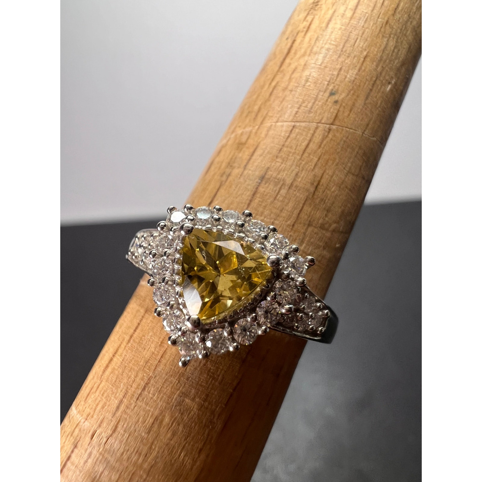 Yellow beryl and moissanite halo ring in platinum over sterling silver