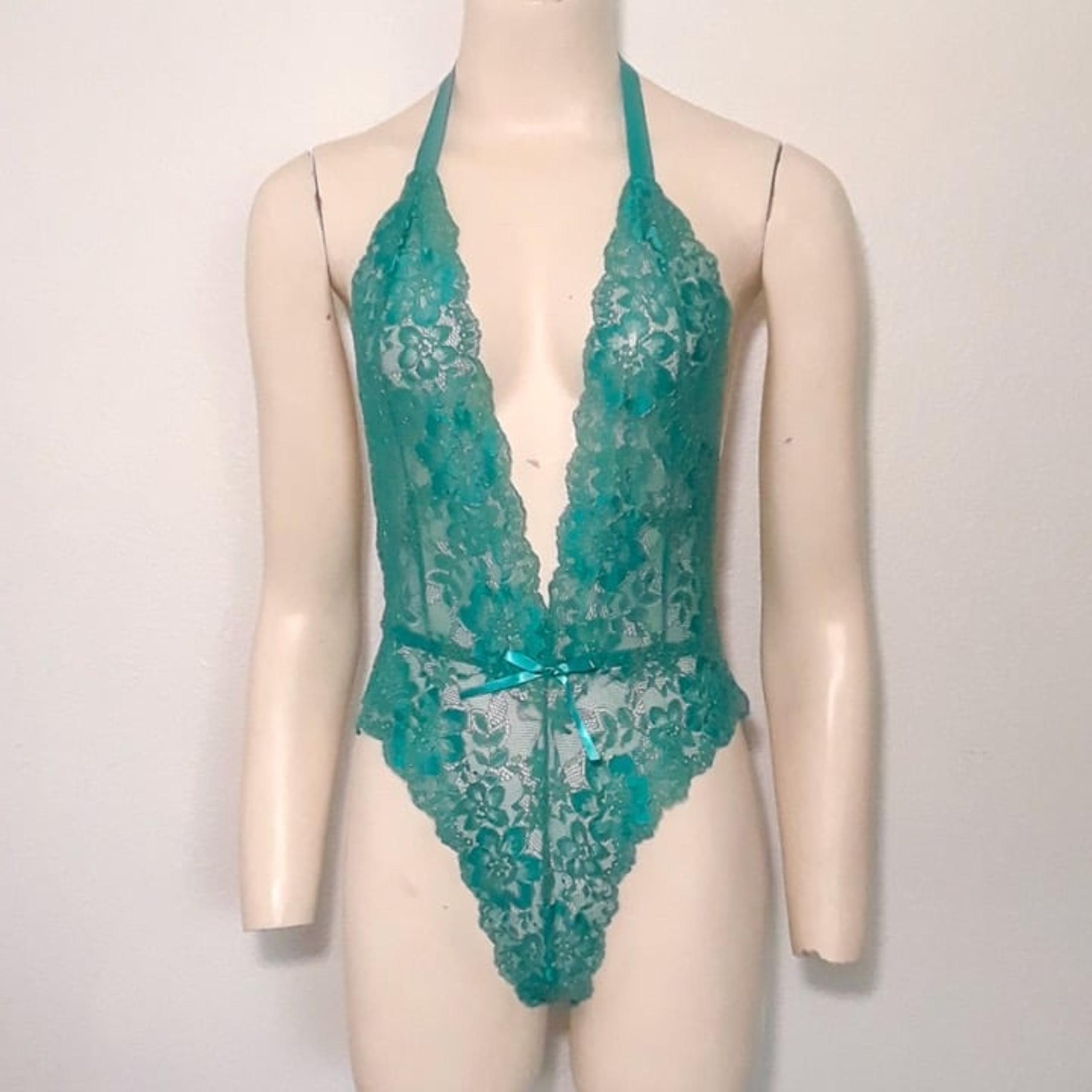 SEXY Lace Teddy Teal Gold Sparkle Backless Ribbon Tie Halter Plunge Stretch S