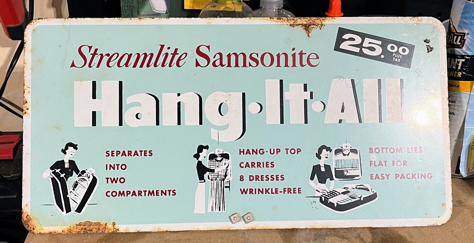 Vintage rare double sided metal samsonite advertisement sign