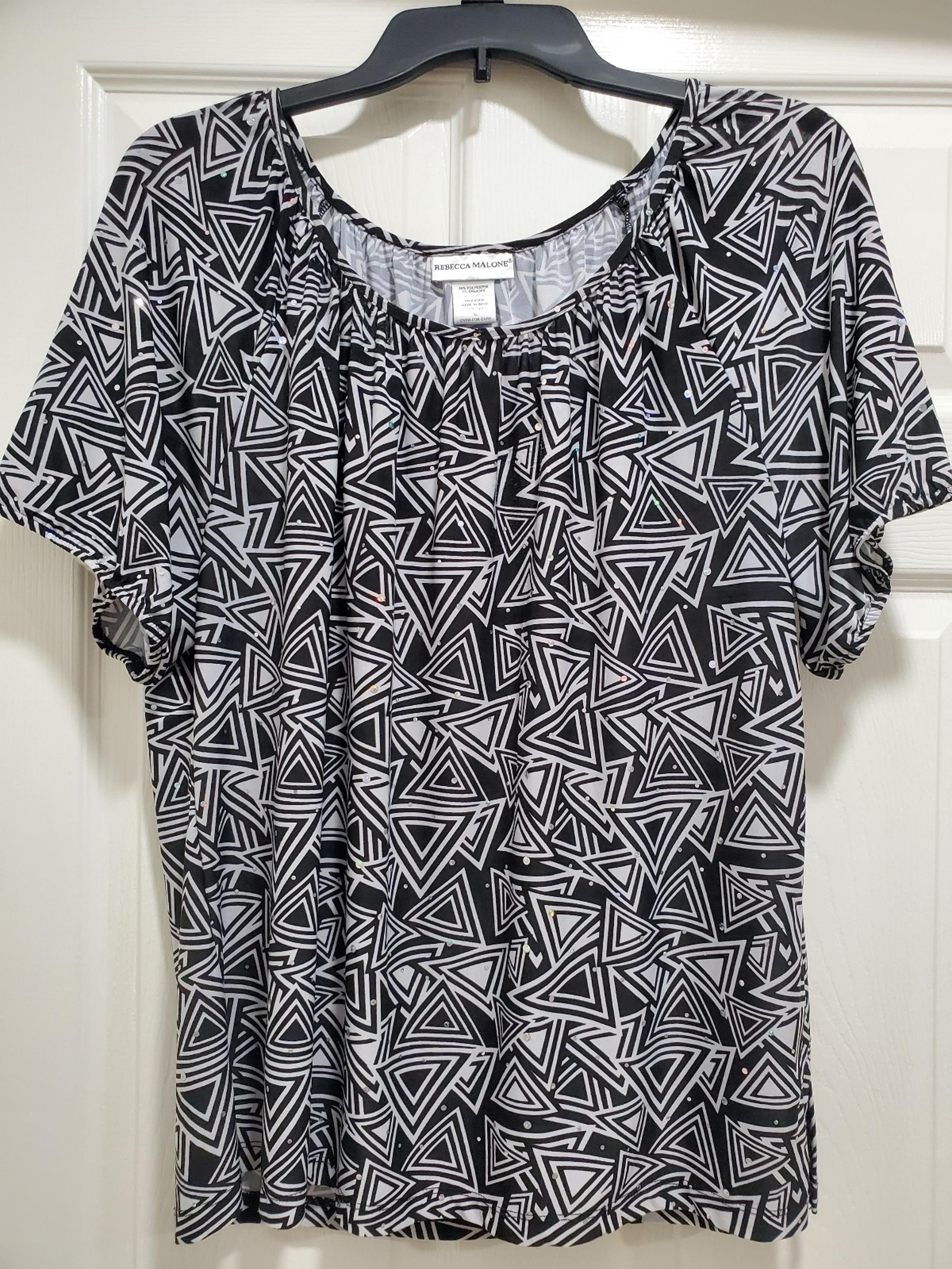 Rebecca Malone~ Blouse, top, shirt! Black, white with bling! Sz L Large. EUC!