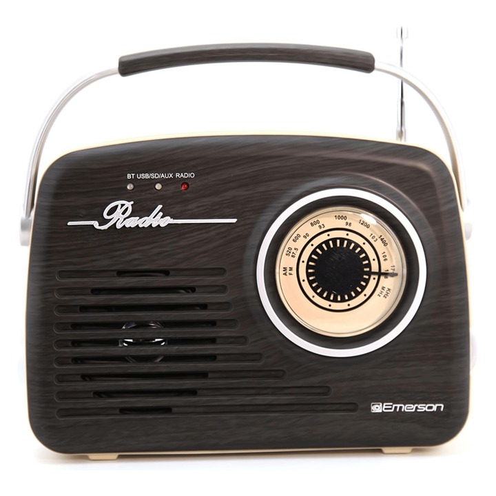 Emerson Portable Retro Radio w Built-In Rechargeable Battery Espresso EAS-3002