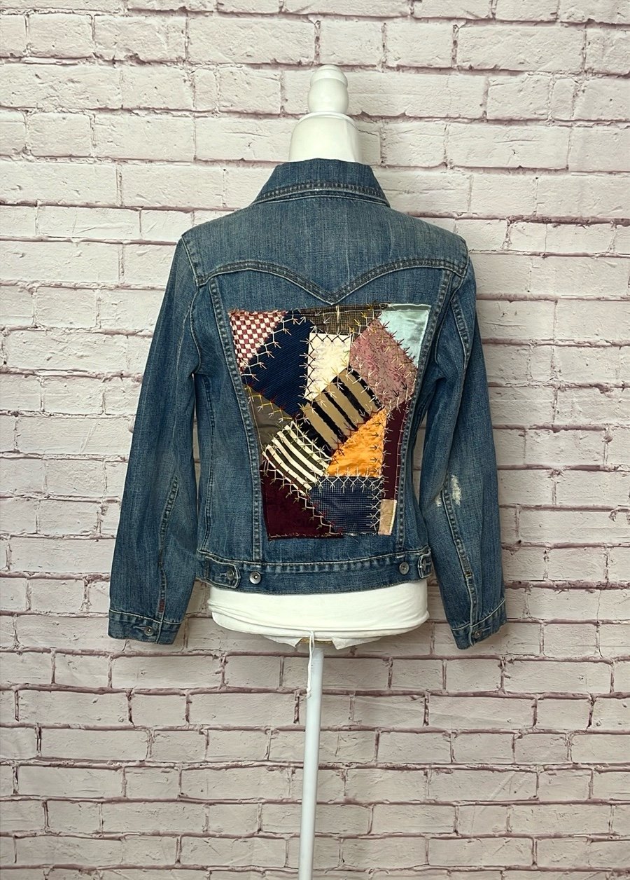 GAP Custom Upcycled One of a Kind Denim Jacket with Quilted Back Panel. Boho Dre