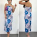Zara NWT Ivory/Blue Satin Effect Retro Floral Print Strapless Midi Dress Size XS
