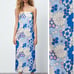 Zara NWT Ivory/Blue Satin Effect Retro Floral Print Strapless Midi Dress Size XS