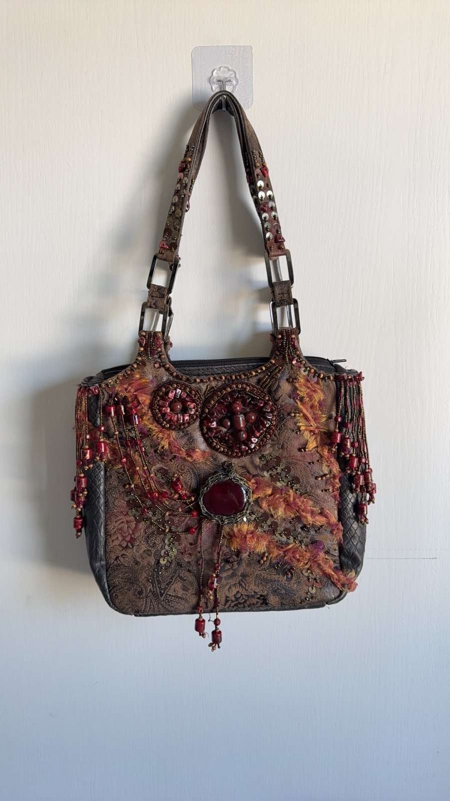 Mary Francis black snakeskin shoulder bag with brown beaded/stone floral design