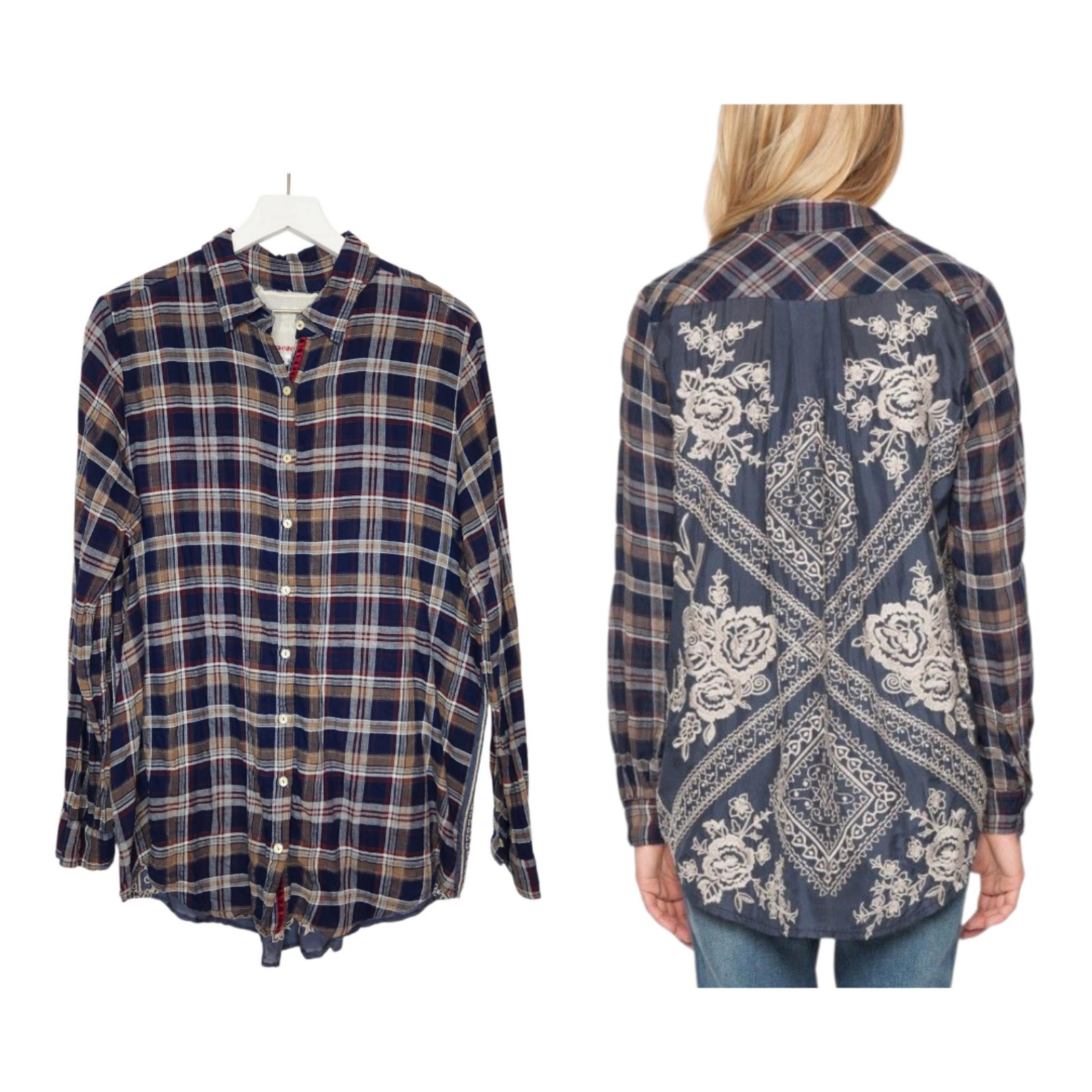 3J Workshop Johnny Was Embroidered Back Plaid Button Down Shirt