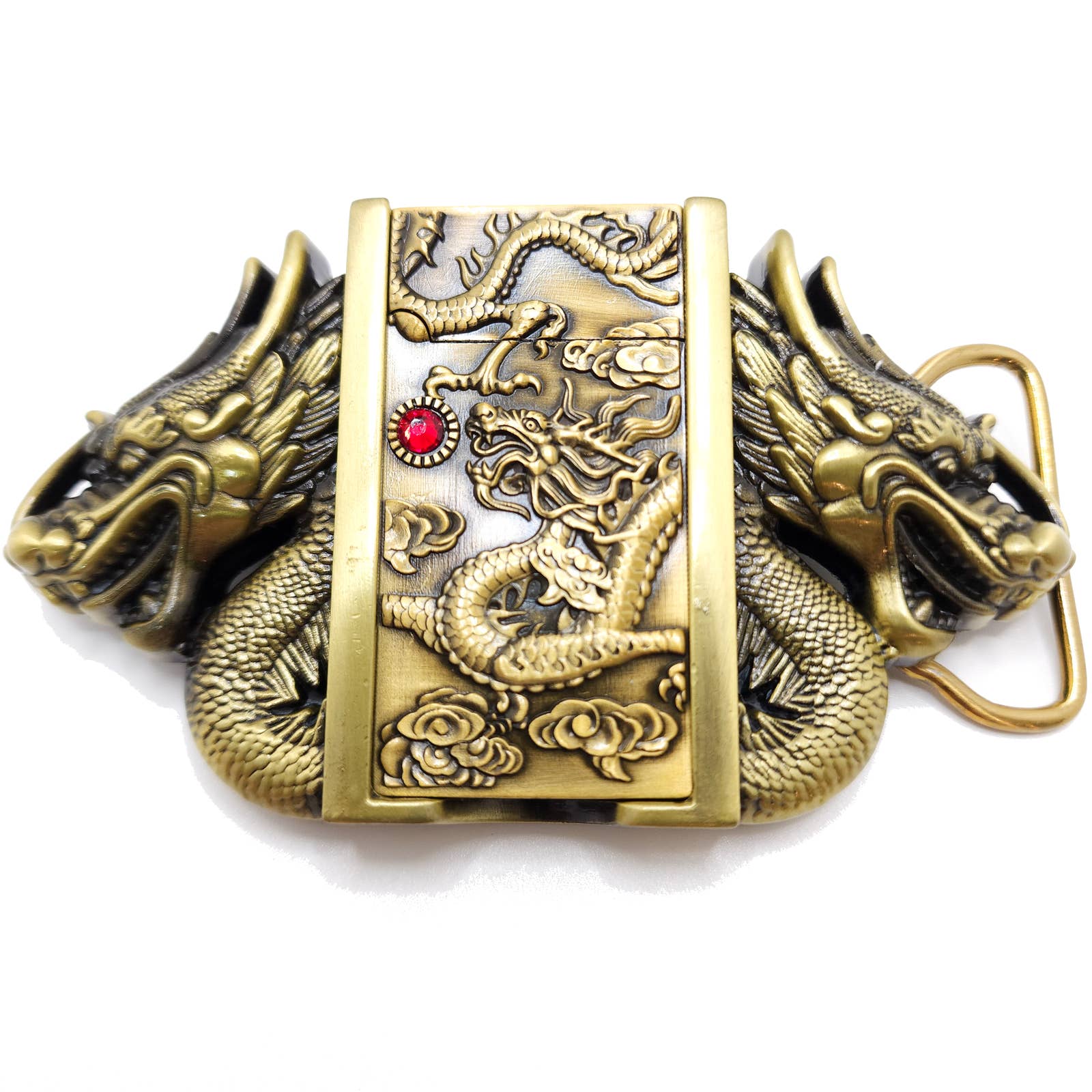 Dual Dragons Bronze Lighter Belt Buckle / Push Button Lighter Holder Buckle