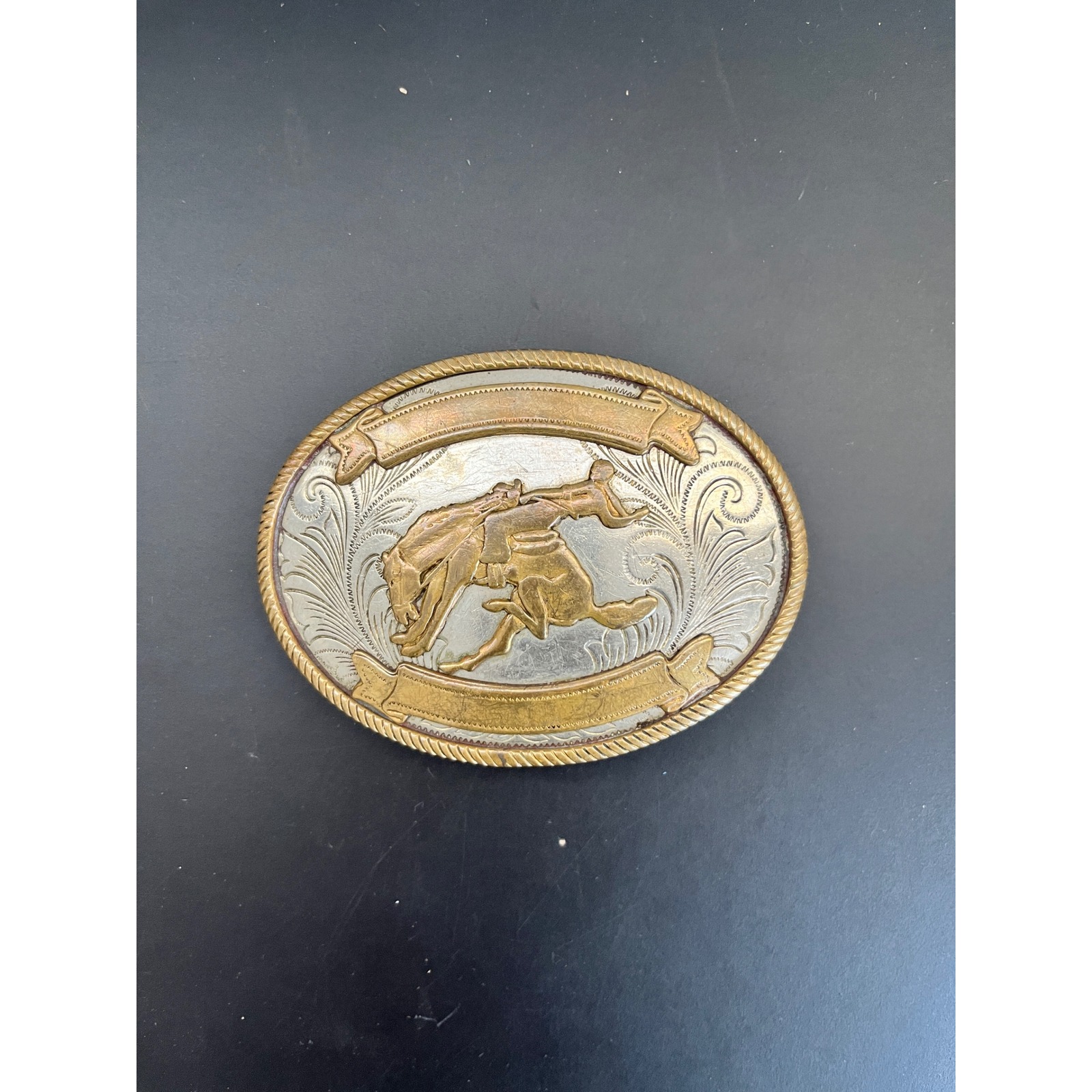 Vintage Western Belt Buckle Rodeo Cowboy Bronc Rider Silver Gold Tone Nickel