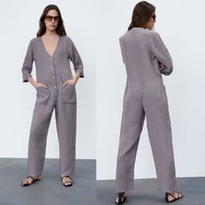 Zara Lillian Gray Linen Button Front Jumpsuit