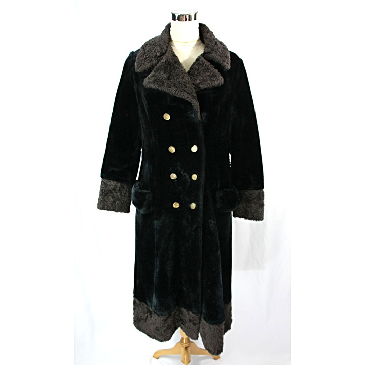Vintage Borg Faux Fur Notched Collar Double Breasted Belted Overcoat Maxi Coat