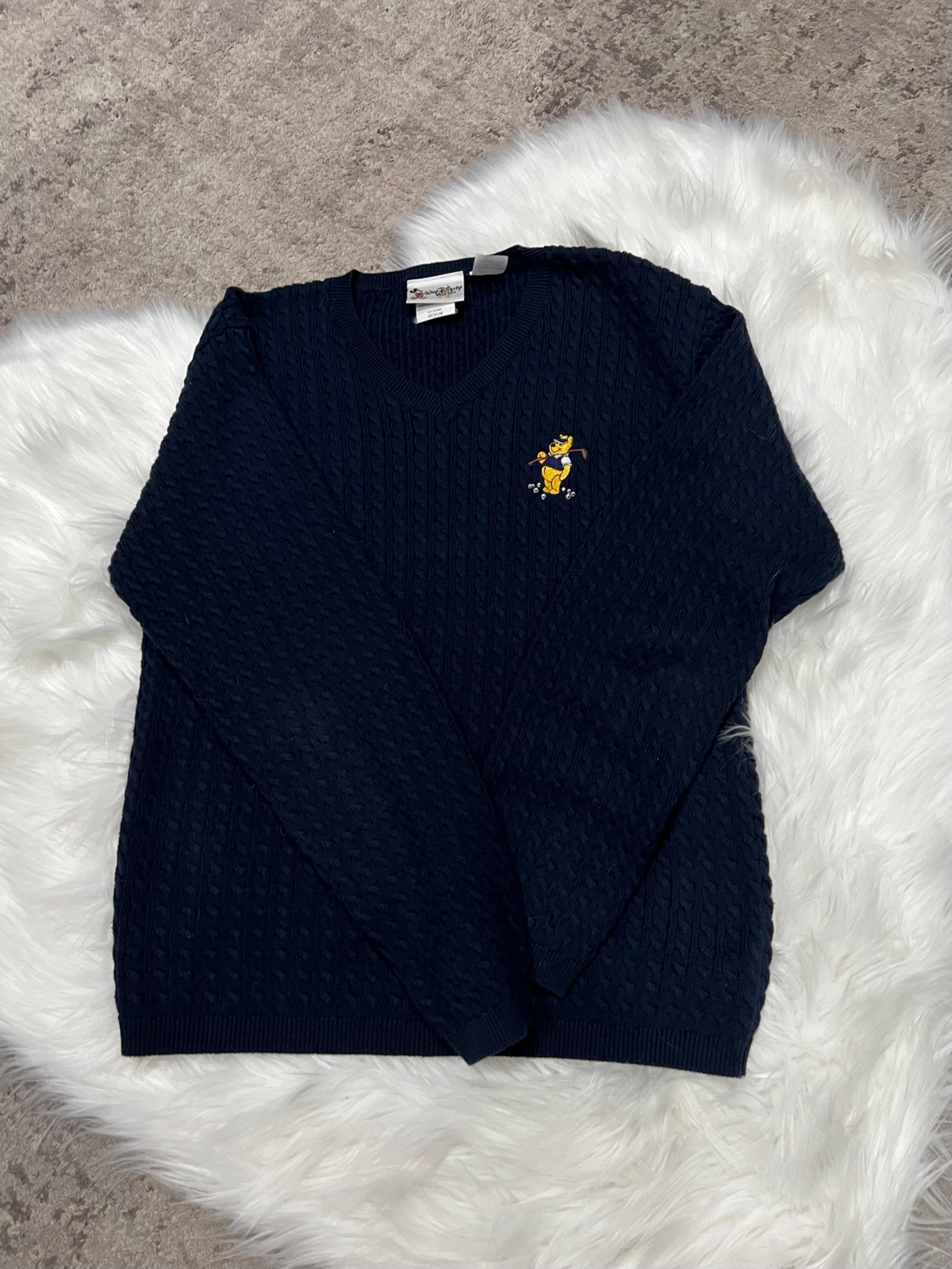 Vintage Men's Mickey Mouse Golf Embroidered V-Neck Sweater Medium Navy Blue USA