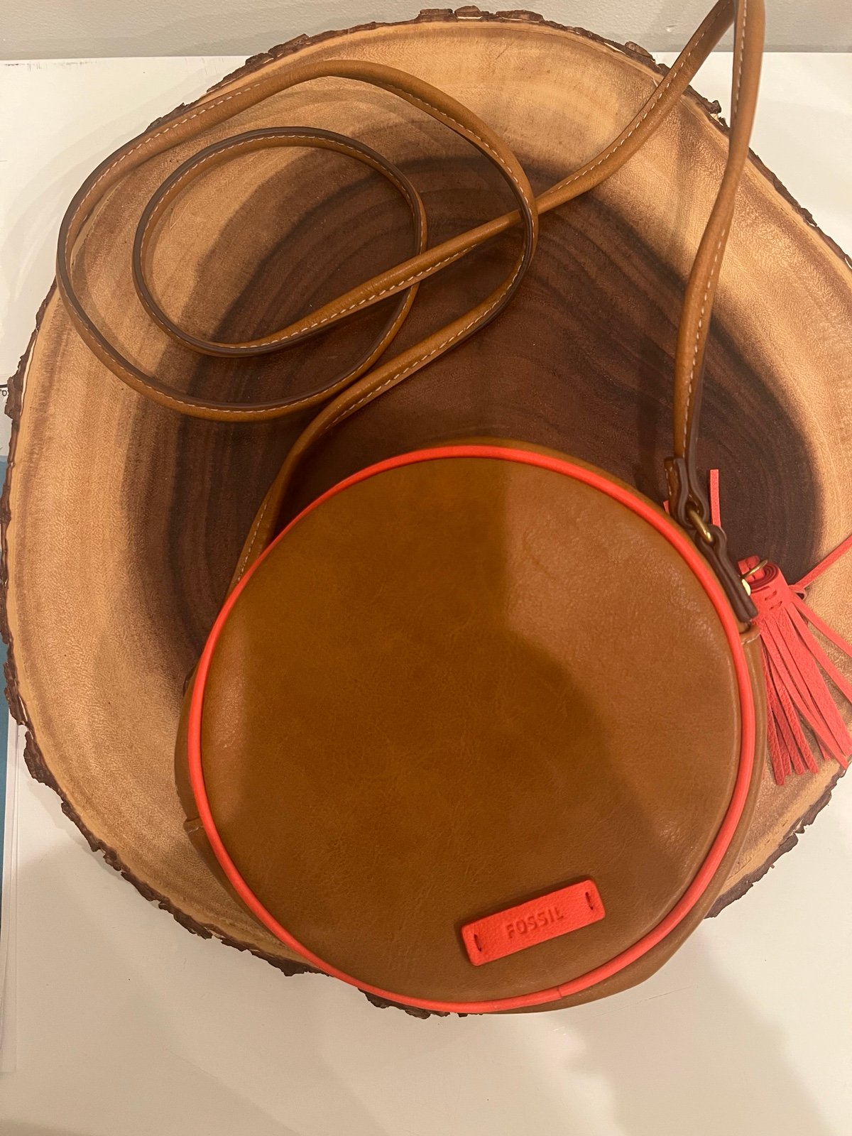 Fossil Brown and Orange Crossbody Bag leather outer lining material