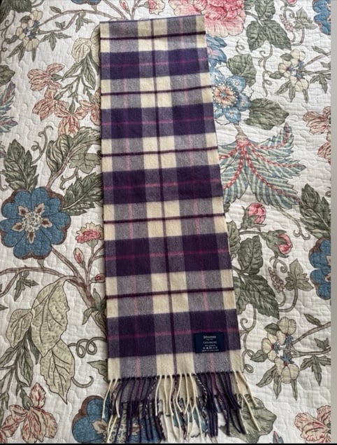 Johnstons of Elgin purple, pink and cream plaid cashmere scarf