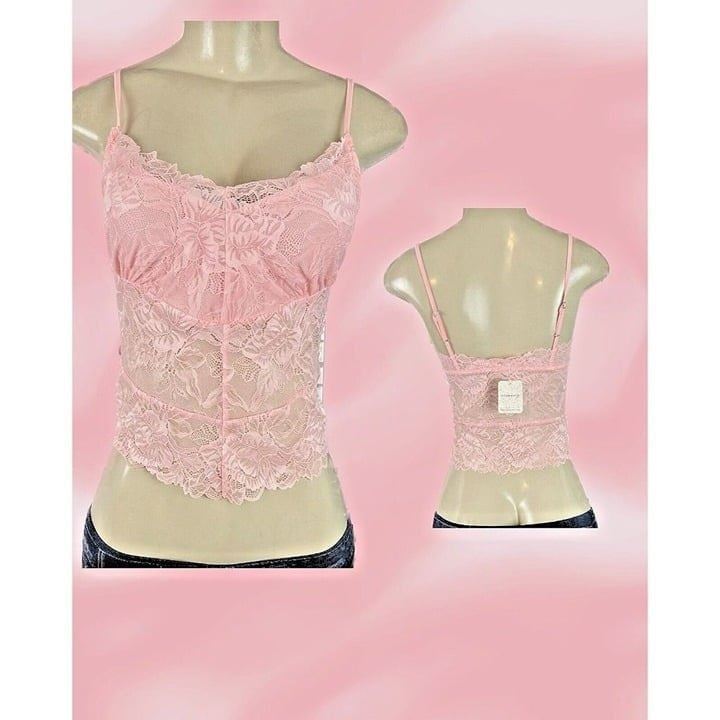 Free People S Pink Lace V-Neck Scallop Trim Adjustable Straps Crop Camisole Top
