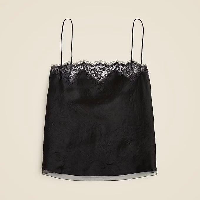 NWT SOLD OUT J.Crew Black Lace-Trim Camisole Top in Textured Satin XXS