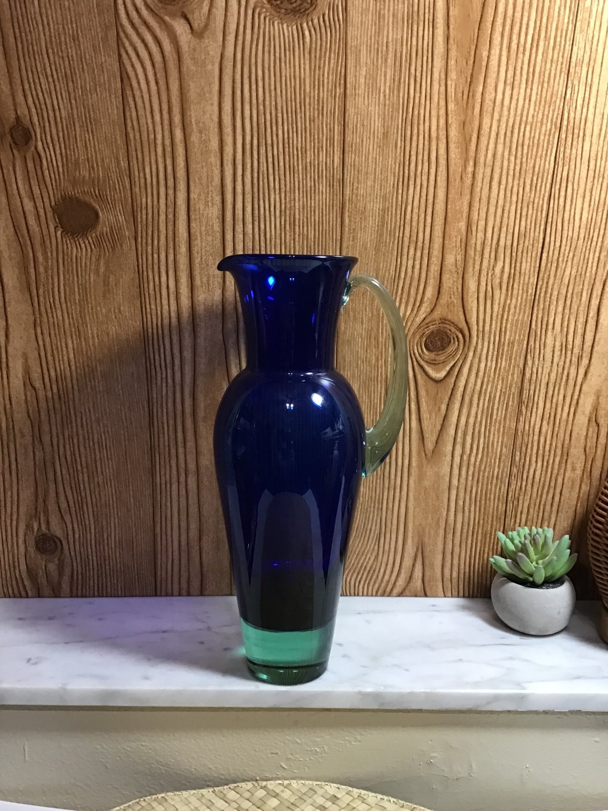 Vintage Royal Copenhagen Cobalt Blue with Green Base and Handle Pitcher 11.5”