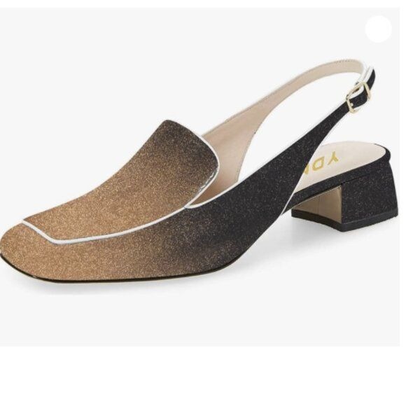 YDN Women Closed Square Toe Block Low Heels Slingback Loafer Gold Black Glitter
