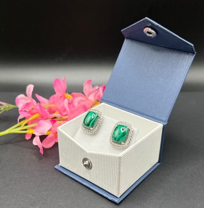 Vintage Estate Sterling .925 Malachite studs with removable Zircon studded wraps