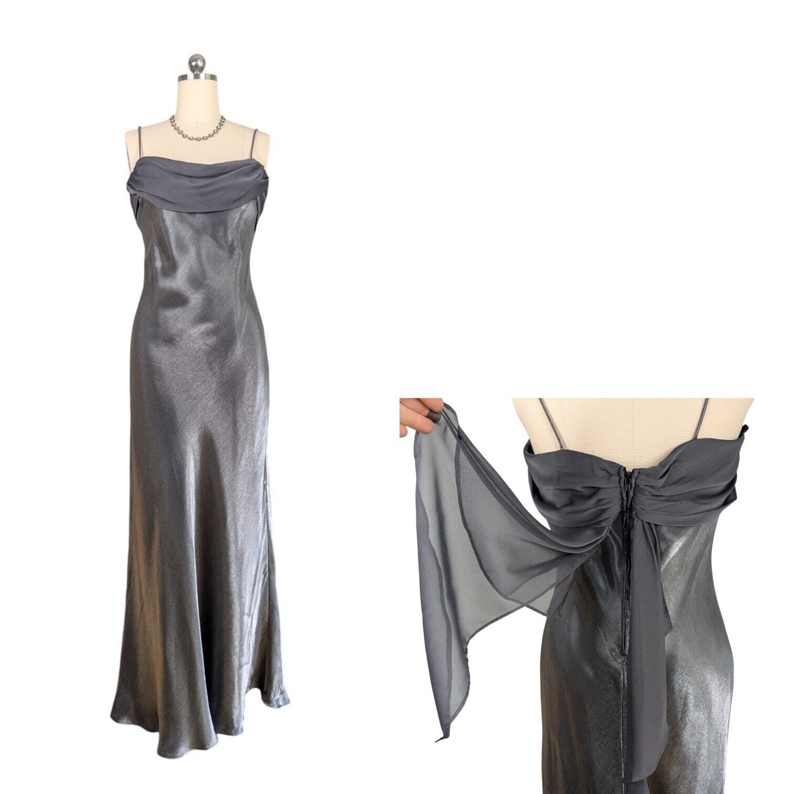 Vintage Betsy Adam Prom Dress Maxi Gown 14 Silver Gray 90s Y2K Fairy Goth Glam