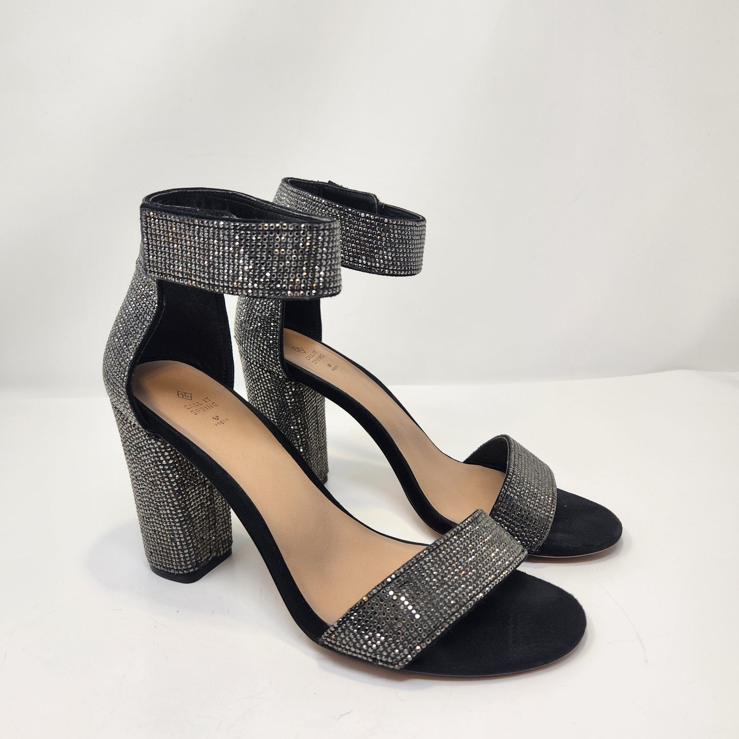 Call It Spring Black Rhinestone Vegan Block Heel Pumps Size 8 Ankle Strap