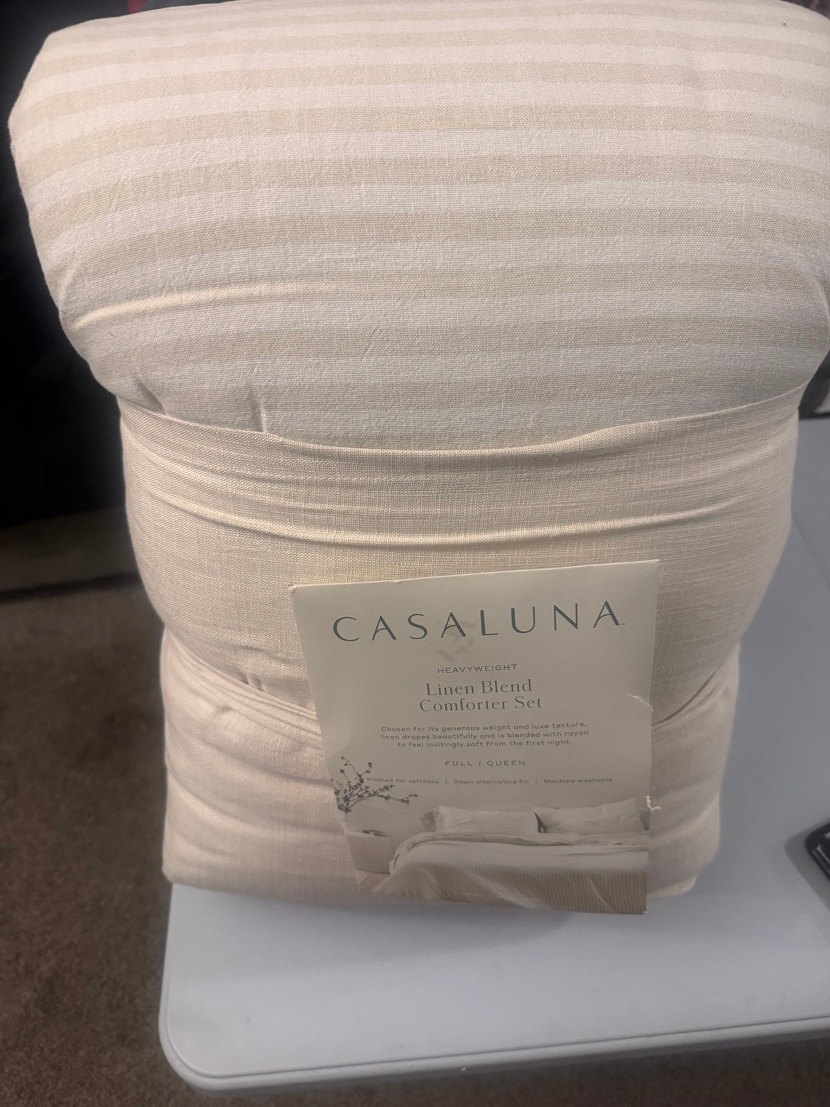 Full/Queen Heavyweight Linen Blend Stripe Comforter & Sham Set Natural - Casalun