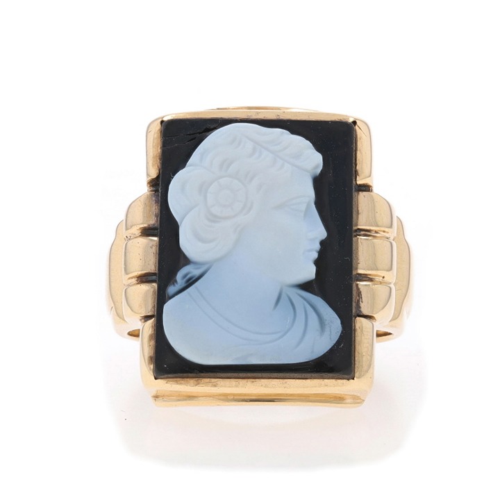 Yellow Gold Hardstone/Banded Agate Art Deco Men's Ring 10k Vintage Cameo LX0748