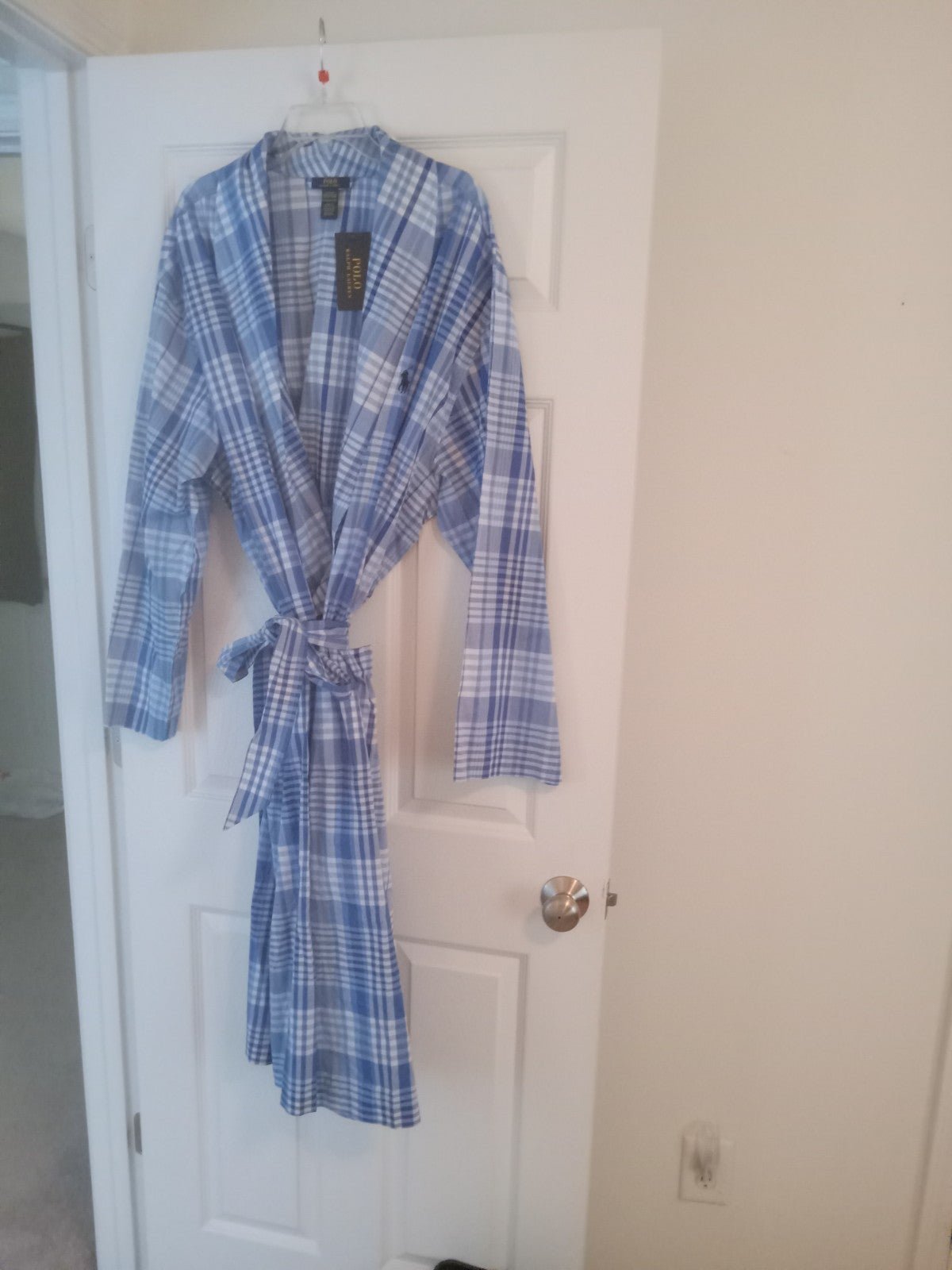 New Men's Blue Plaid Polo Cotton Robe XL