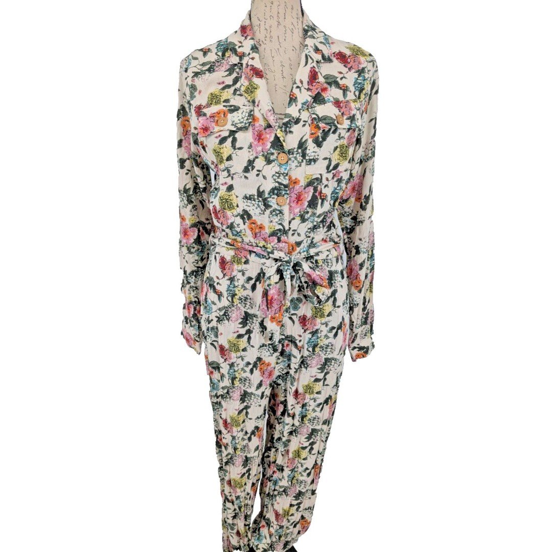 Free People Jumpsuit SP White Multi Floral Viscose Crinkle Jog Cuff Boho